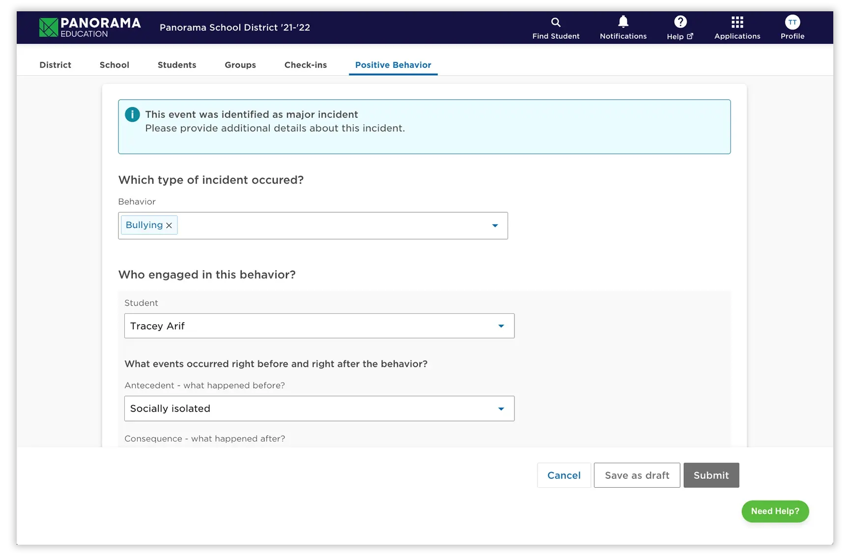 Screenshot of Panorama’s behavior tracking software showing how educators can log specific incidents