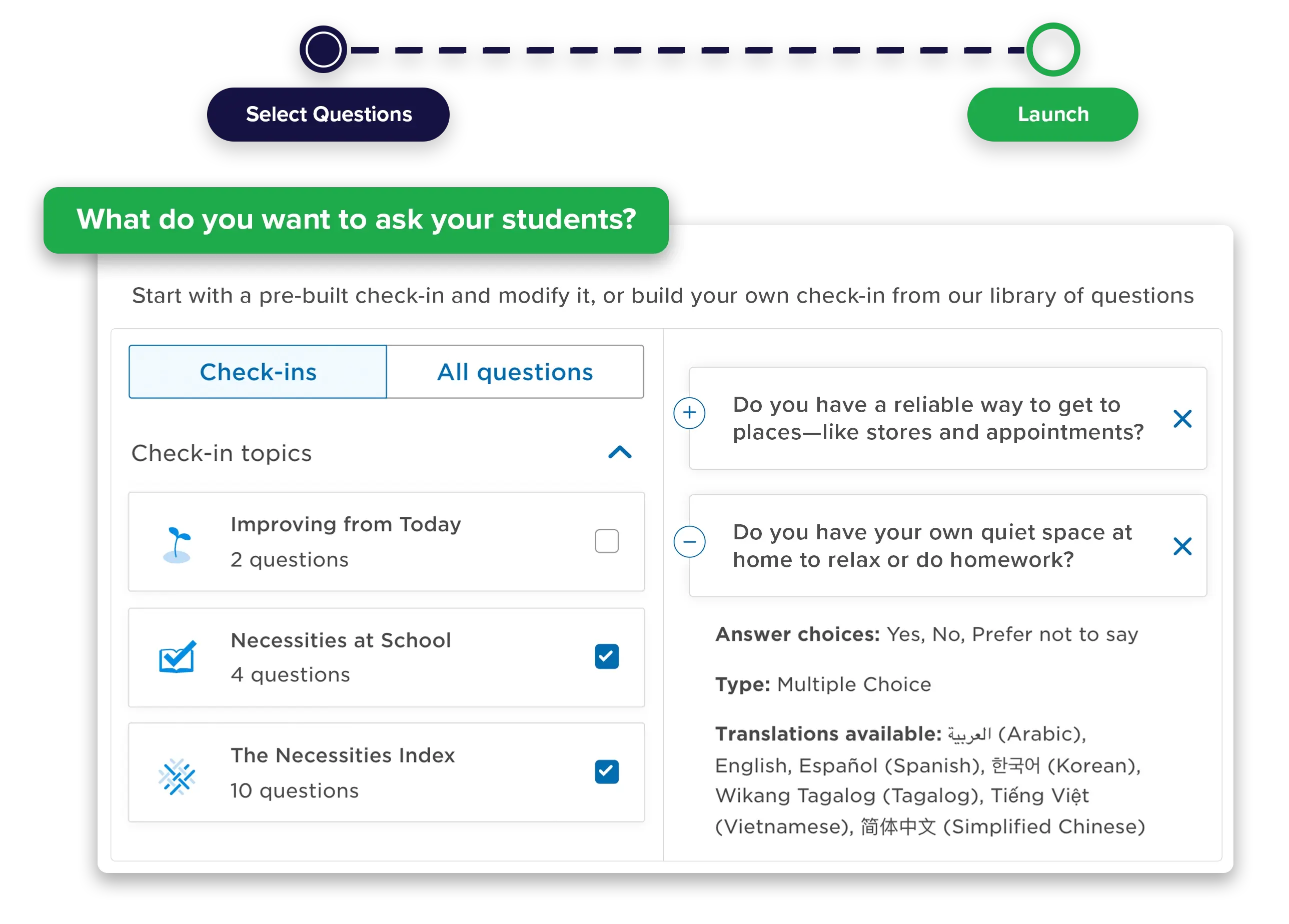 Screenshot of panorama education check in question for student