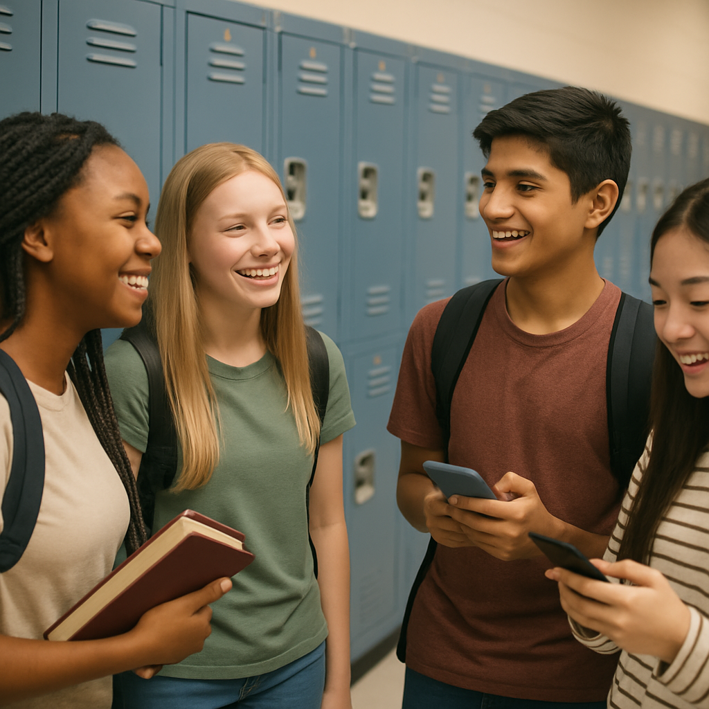shows a group of middleschool to highschool aged students around their lockers talking and smiling The group is diverse and they are wearing backpacks