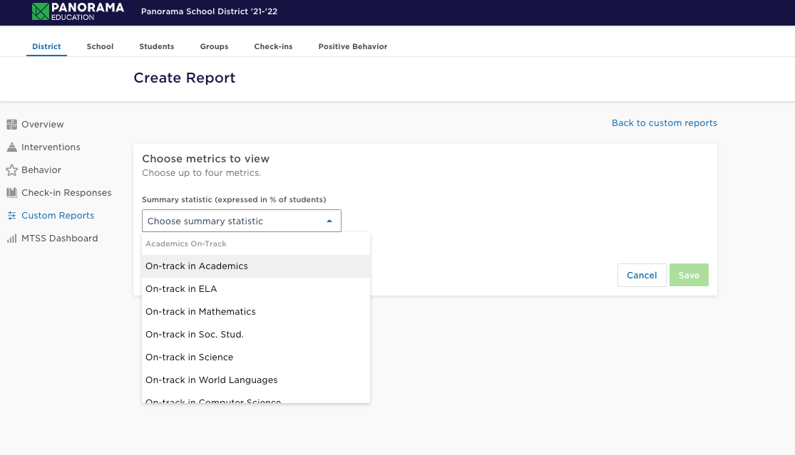 Screenshot of Panorama Education's custom report tools for student performance data