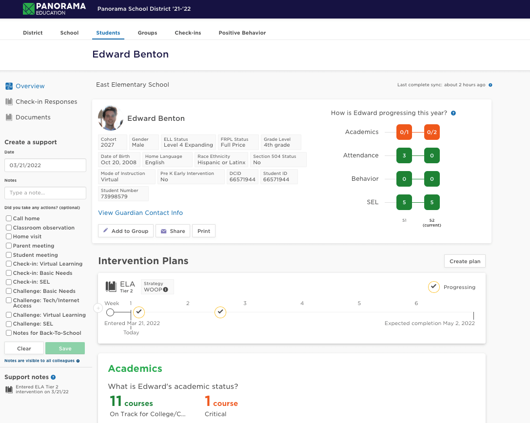 Screenshot of Panorama Education's intervention planning and progress monitoring tools. This screenshot shows an intervention plan for one student. 