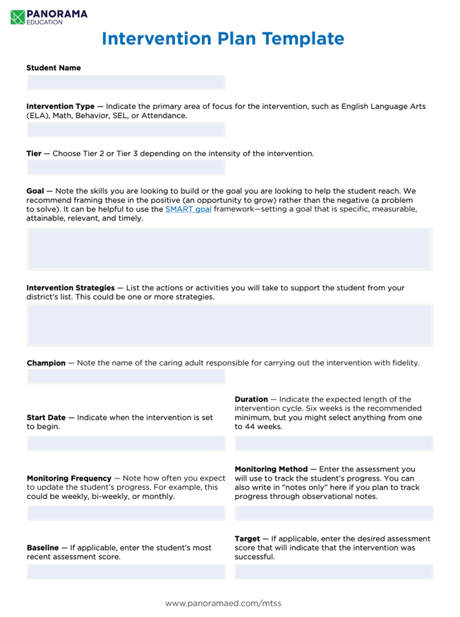 Screenshot of Panorama's intervention plan template 